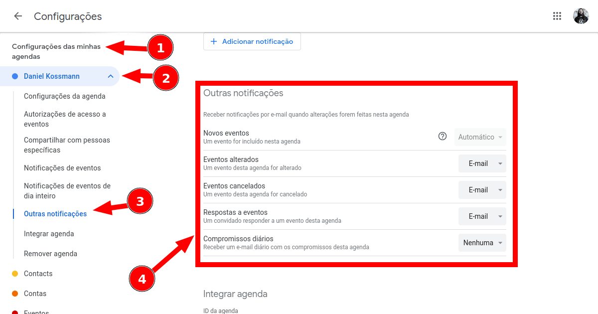 Passos para acessar as configurações de notificações de uma agenda no Google Calendar