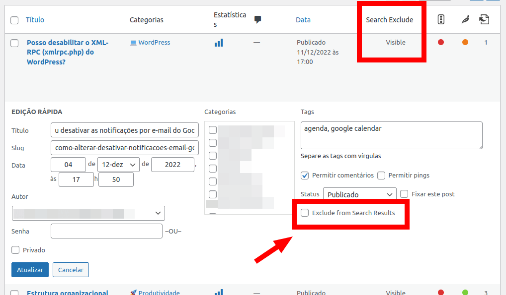 Coluna adicionada pelo plugin Search Exclude na lista de posts e opção na tela de Edição rápida