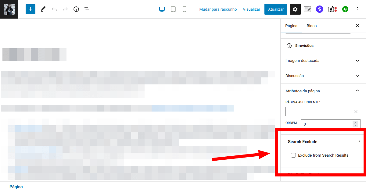 Opção do plugin Search Exclude na tela de edição de uma página