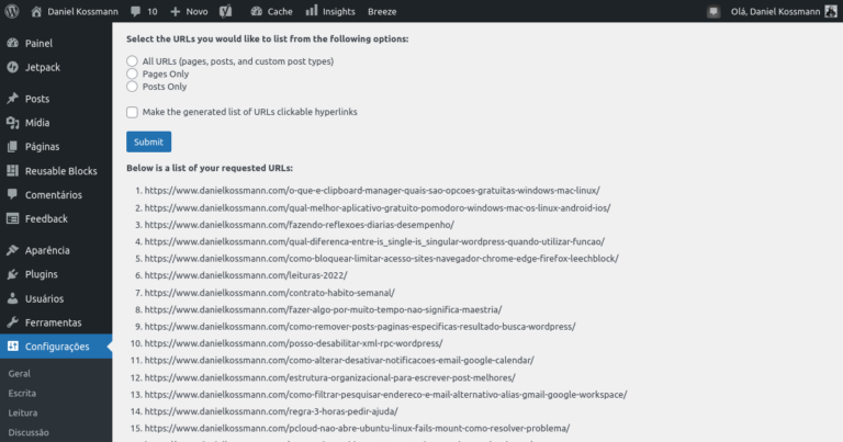 Como listar todas as URLs (páginas, posts e CPT) de um site WordPress