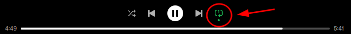 Barra de mídia do Spotify com o ícone de repetição d emúsica destacado