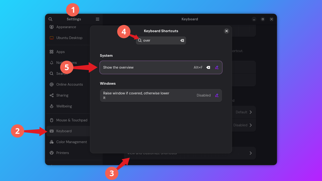 Screenshot of setting to change the keyboard shortcut to trigger Activities Overview